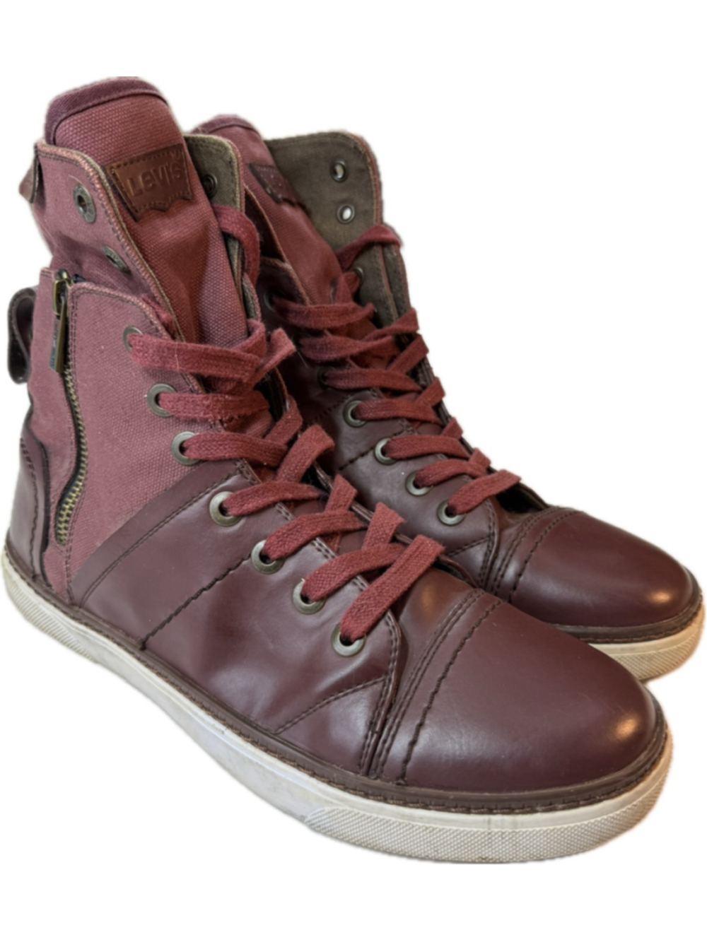 Levis Mens Burgundy Leather Canvas High Top Boots Lace Up Side Zip Casual Sneake - Picture 1 of 8